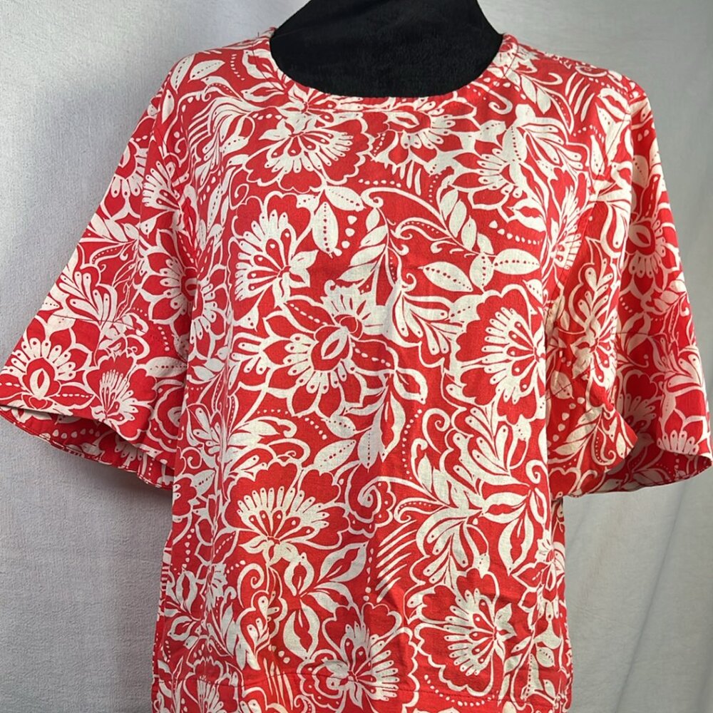 Rafaella Batik Linen Short Sleeve Tunic Sz XL Coral Floral Vacation Resort Cruis